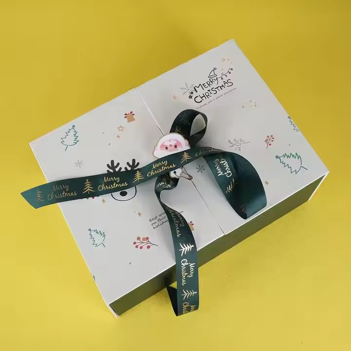 Box printing 28*20*8.5cm rigid green and white christmas double door xmas gift packaging boxes with ribbon