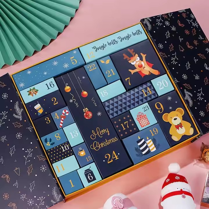 Box printing 24 days paper christmas advent calendar gift packaging eve boxes with ribbon