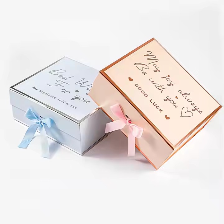 Box printing folding paper ribbon closure rigid cardboard gift box packaging