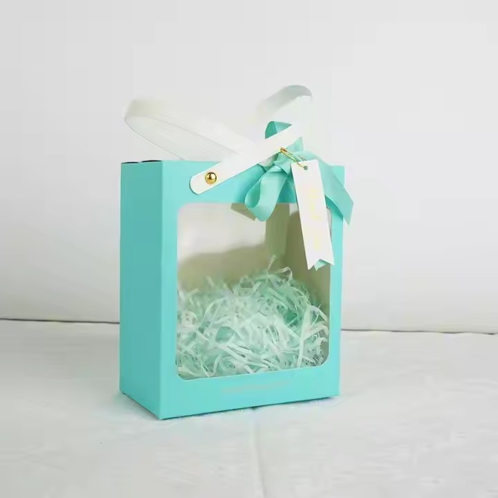 Box printing luxury celebration empty chocolate candy heart window boxes packaging with raffia handle and ribbon
