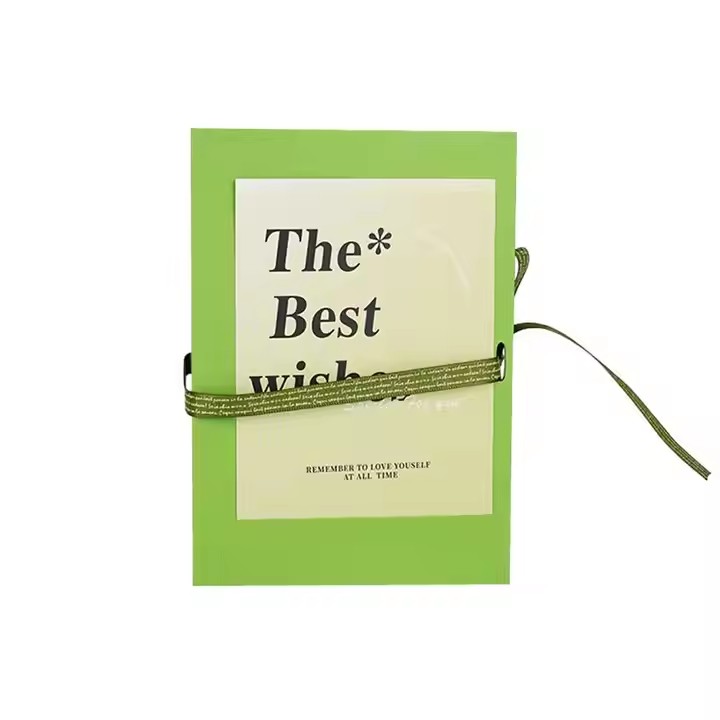 Box printing green rigid wishes gift box packaging with greeting card ribbon and plastic bag