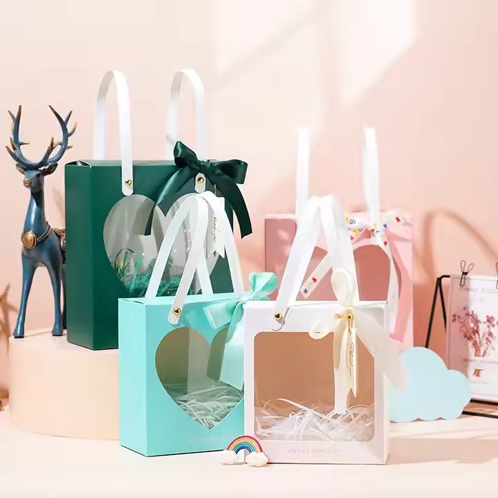 Box printing white cardboard favor ribbon transparent window square gift boxes for children birthday girl