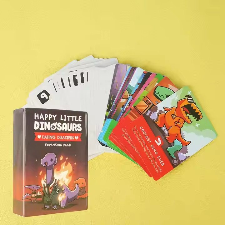 Box printing customized happy little dinosaurs dating disasters board game cards dating drink party deck playing cards