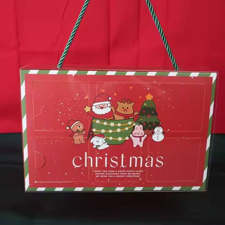 Box printing 5 days paper christmas advent calendar gift packaging eve boxes with plastic cover and handle
