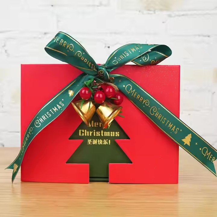 Box printing double door rigid merry christmas gift packaging boxes with ribbon and christmas bell ornament