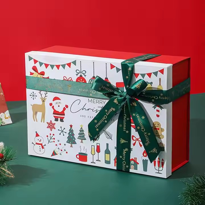 Box printing 29*22*10.5 white red green foldable rigid xmas merry christmas gift box with lid and ribbon