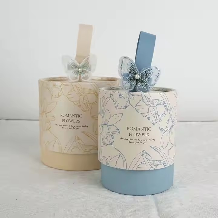 Box printing party chocolate skincare candle round cardboard paper gift boxes packaging with handle and butterfly accessories