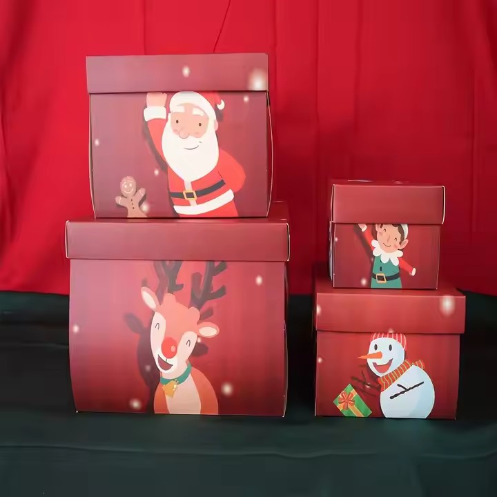 Box printing christmas candy cookie snack packaging cardboard mystery surprise explosion 4 gift boxes with ribbon