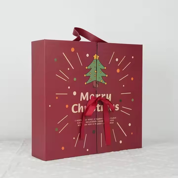 Box printing 24 days paper christmas double door advent calendar gift packaging eve boxes with ribbon and handle