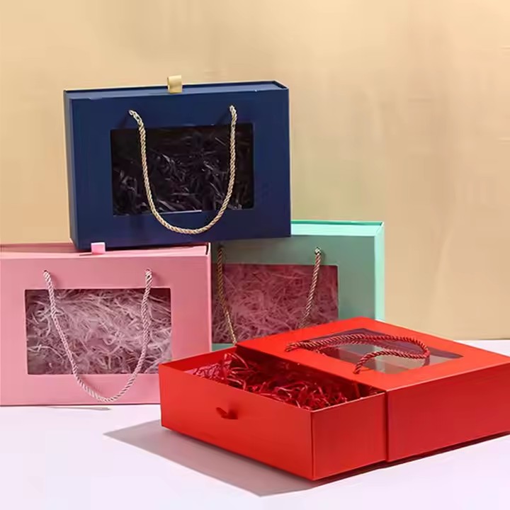 Box printing transparent clear pvc window birthday pure color paper gift box packaging with lafite grass